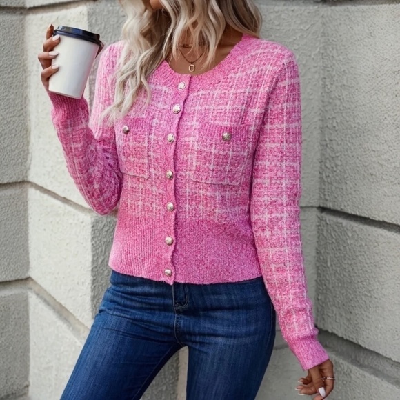 Stylish Long Sleeve Open Front Cardigan with Pockets Bright Pink 14 - Picture 1 of 3
